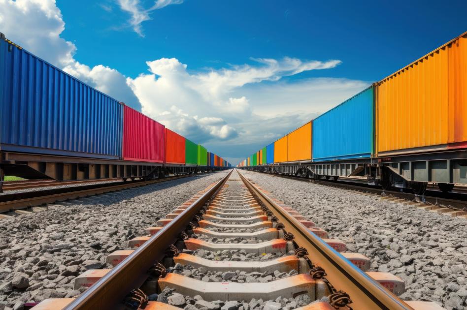 Carros ferroviarios transportando contenedores de diversos colores.